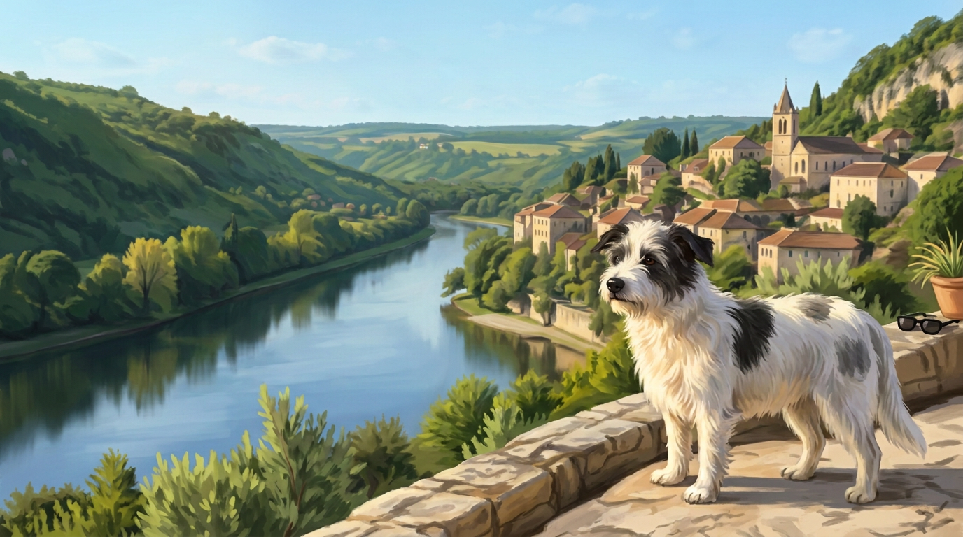 Illustration of Flossy, a scruffy white terrier, overlooking a French riverside village
